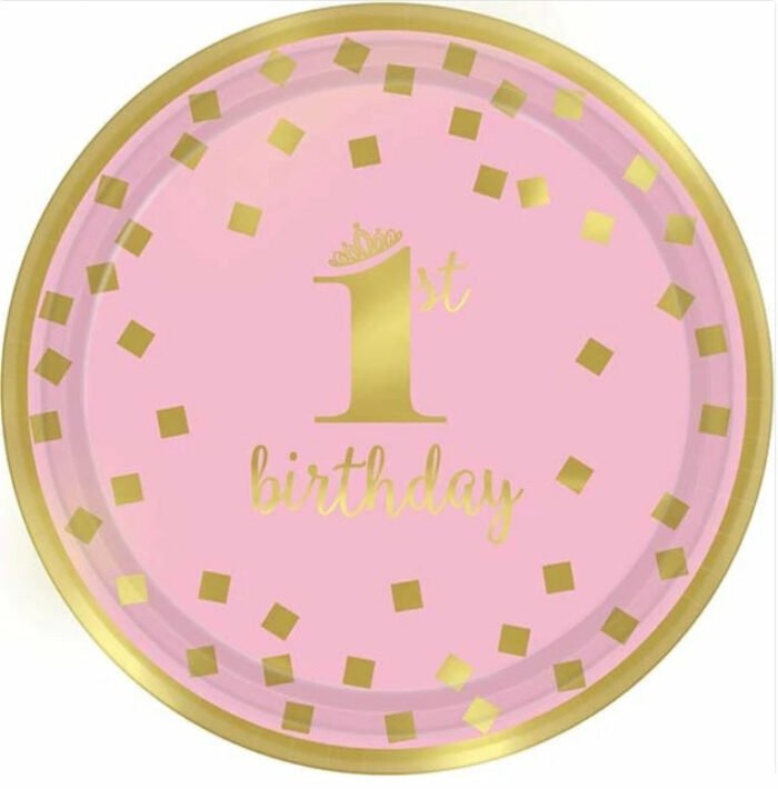 Πιάτα γλυκού ροζ & χρυσό “1st birthday”