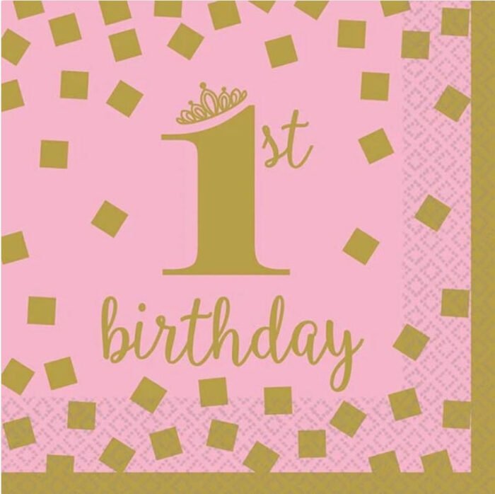 Χαρτοπετσέτες μεγάλες ροζ & χρυσό “1st birthday”