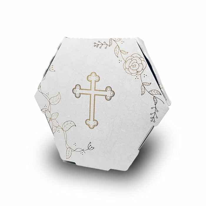 Χάρτινο Κουτάκι Εξάγωνο με Χρυσό Σχέδιο και Σταυρό για Μνημόσυνο και Καπάκι 9x9x2.7εκ (1τμχ)