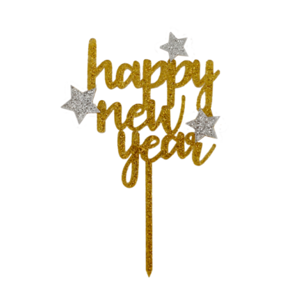 Πικ Επιγραφή "Happy New Year" Χρυσή με Glitter 9x13cm